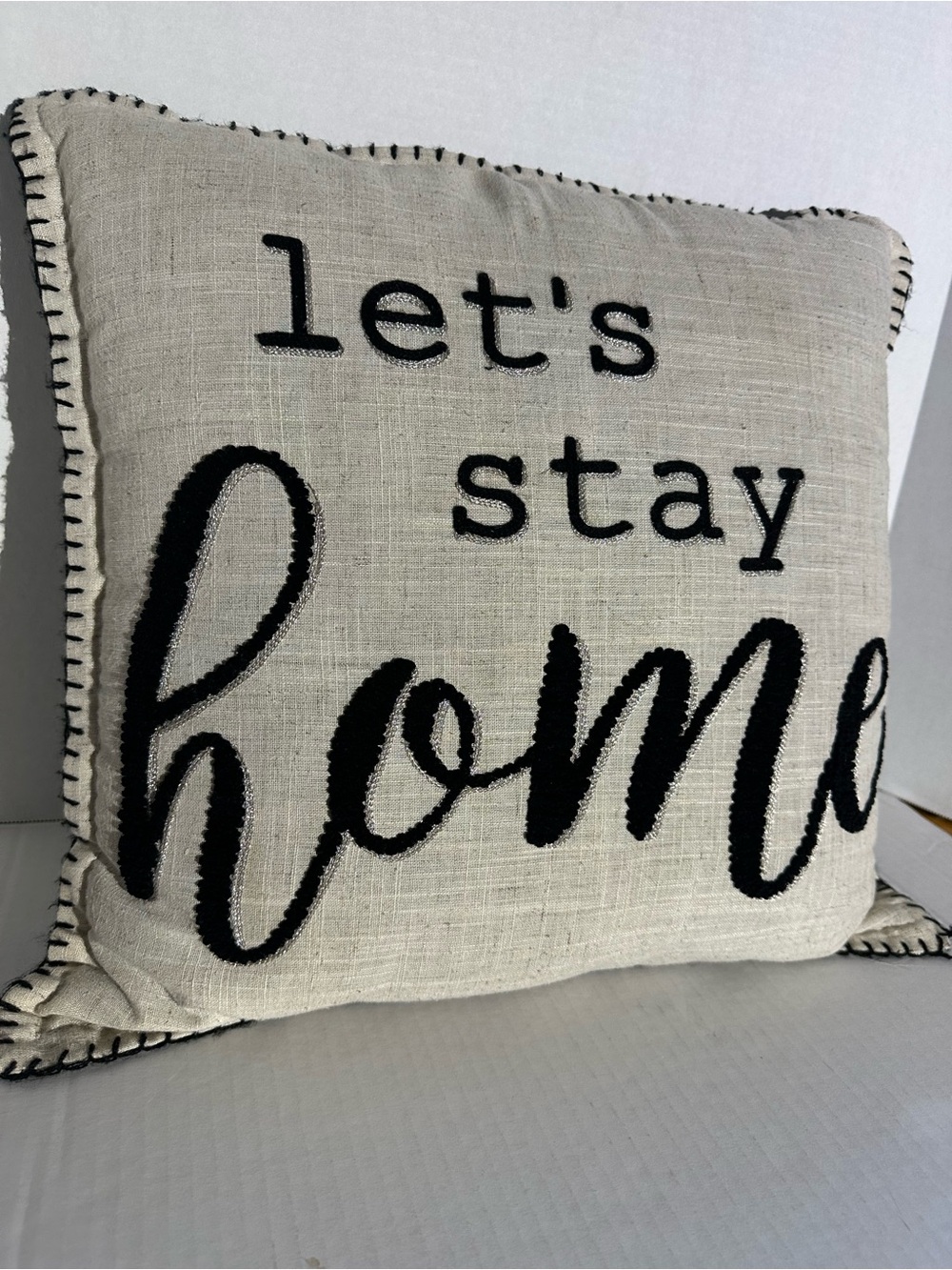 Neutral 'Let's Stay Home' Decorative Accent Pillow - Cream and Black